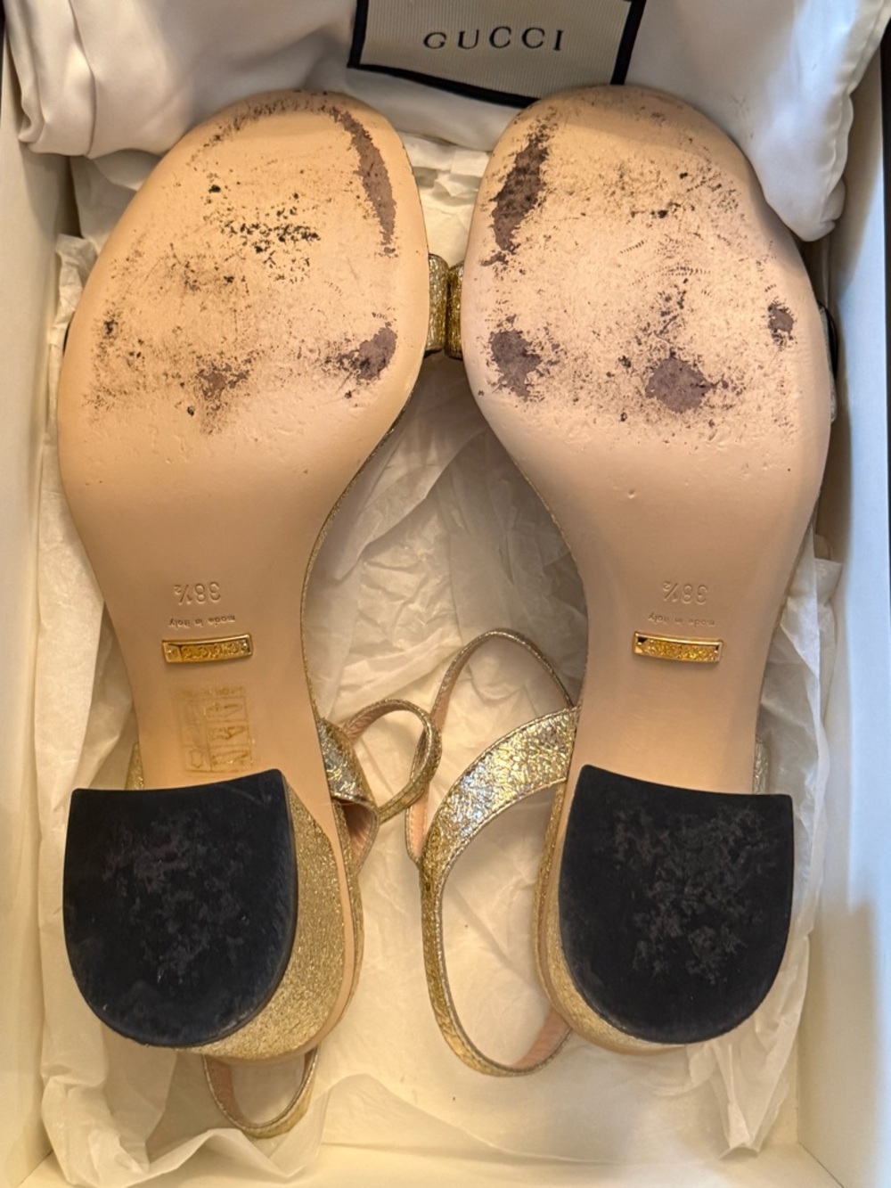 Gucci Gold Textured Leather Slingback Sandals with Double GG - Picture 7 of 8